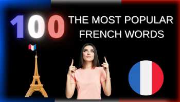 The number 100, written in English, a woman pointing upwards the Eiffel Tower and the French flag