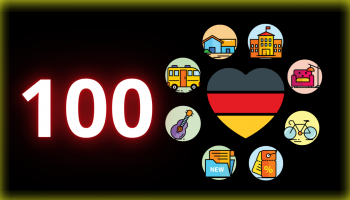the number 100, the heart-shaped German flag and pictures of everyday life