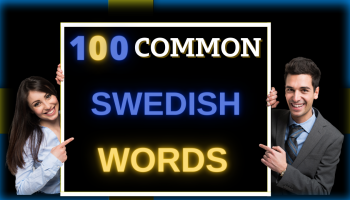a woman and a man show on both sides the lettering in English in the colors of the Swedish flag