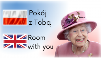 królowa elżbieta, flaga Anglii, flaga polski, napis po polsku, napis po angielsku, tło w kolorze flagi angli