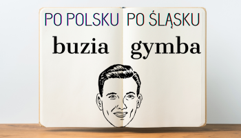 otwarta w książka, w której jest napis po polsku, napis po śląsku i twarz