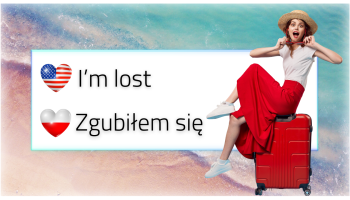girl sitting on a suitcase, the Polish flag and the flag of the states in the shape of a heart, Polish sentence, English sentence, white board, holiday background