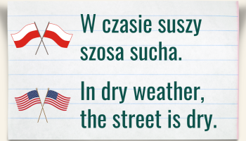 Polish flags, inscription during drought dry road, usa flags, inscription in dry weather the street is dry, in the background a sheet from a lined notebook