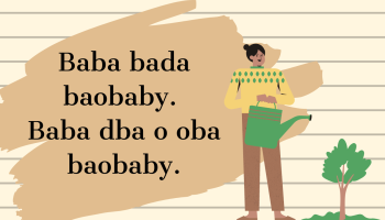 napis po polsku, brązowa plama, kremowe tło w linie, dziewczyna stoi nad baobabem