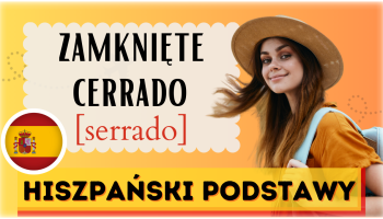 Kobieta w kapeluszu i napis "hiszpański podstawy" oraz słowo "zamknięte" z hiszpańskim tłumaczeniem