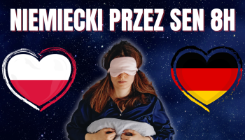 śpiąca kobieta w opasce na oczy, flaga polska oraz niemiecka i napis niemiecki przez sen 8h